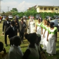 Before church wedding.  Bride, bridesmaids and groomsmen.